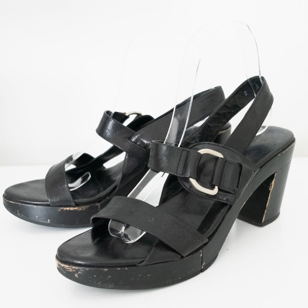 Robert Clergerie Black Leather Strappy Slingback Chunky Wooden Heels